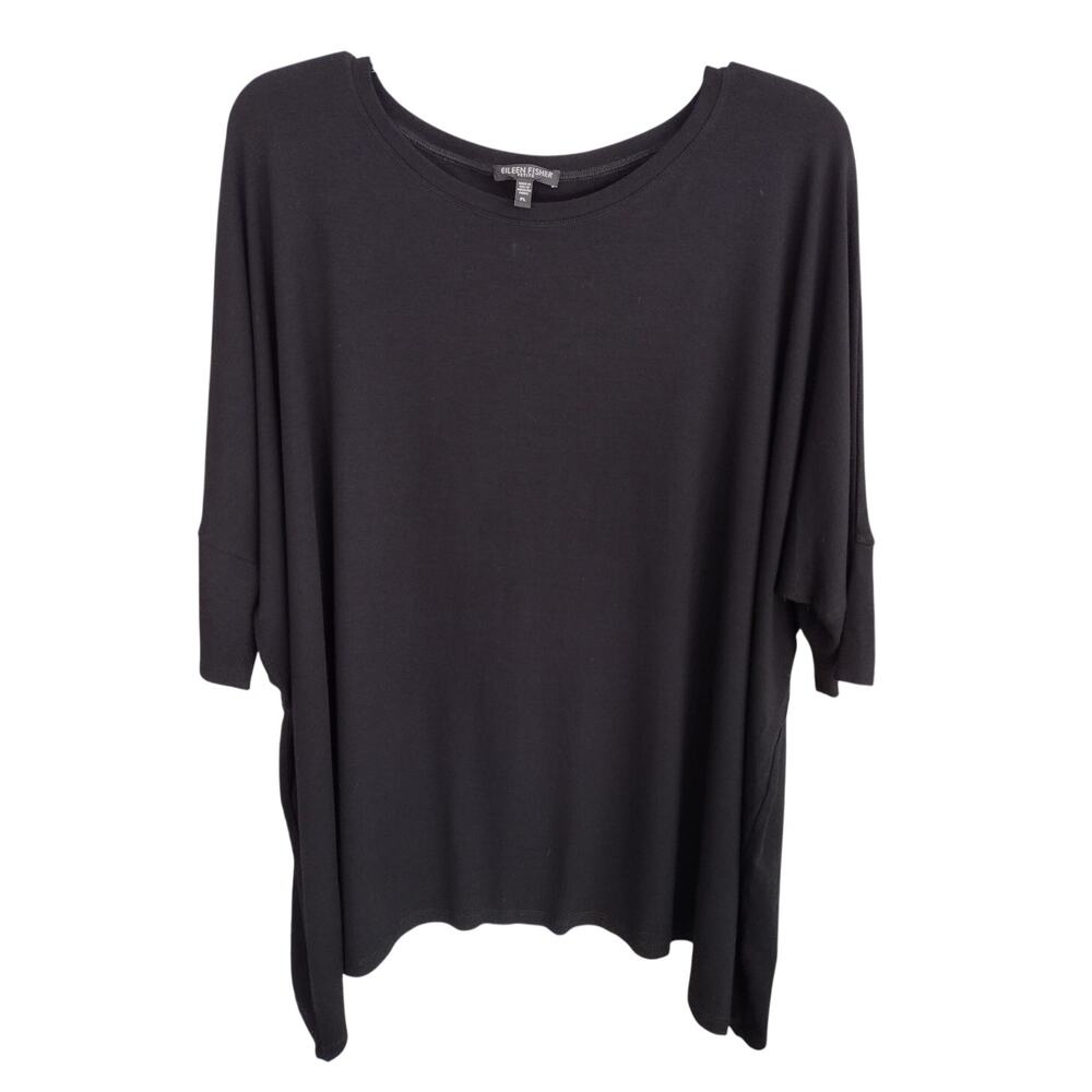 Eileen Fisher Black Drapey Rayon & Lycra 3/4 Dolman-Slv Top Women's Petite Large